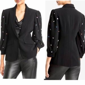 𝅺Cinq a Sept Amie Bejeweled Rhinestone 3/4” Puff Sleeve Tailored Fitted Blazer